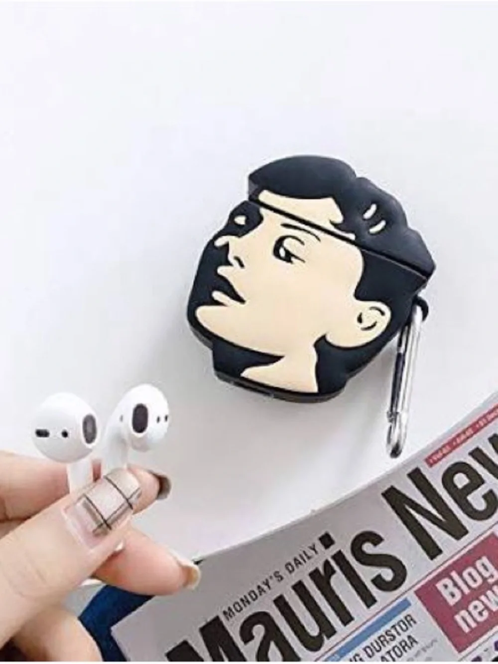 Audrey Hepburn Silicone Earbud Case with Carabiner - Black & Cream